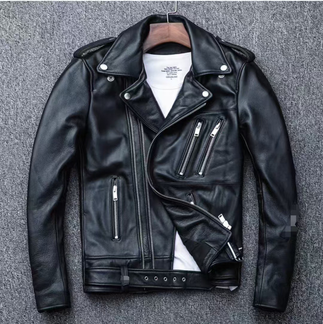 Men's leather jacket with water-washed finish, motorcycle-style men's leather jacket