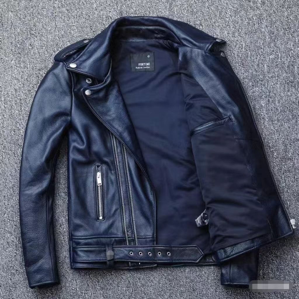 Men's leather jacket with water-washed finish, motorcycle-style men's leather jacket
