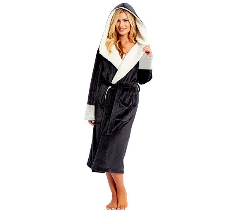 Long Hooded Bathrobe Nightgown with Belt