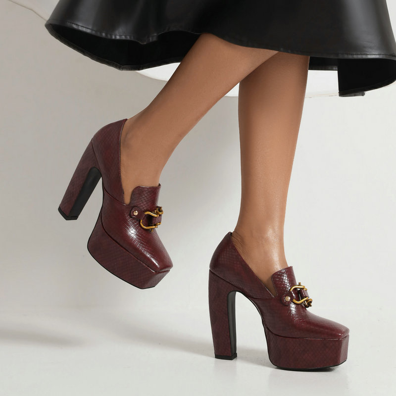High Heels, Snake Print Square Toe, Thick Sole, Chunky Heel Women's Shoes