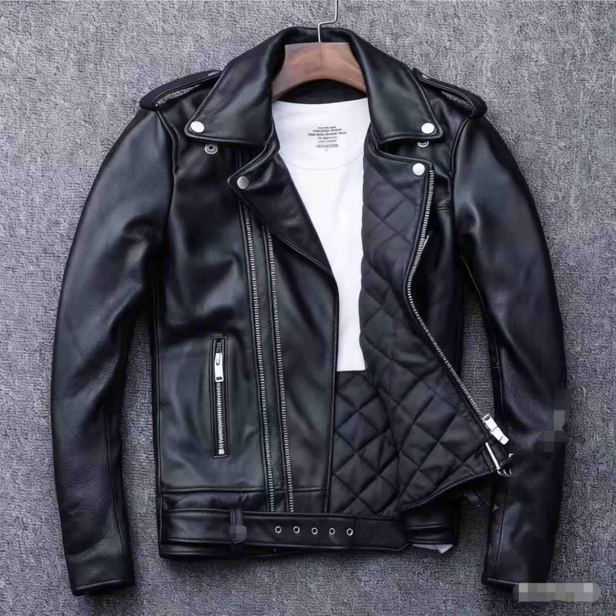 Men's leather jacket with water-washed finish, motorcycle-style men's leather jacket