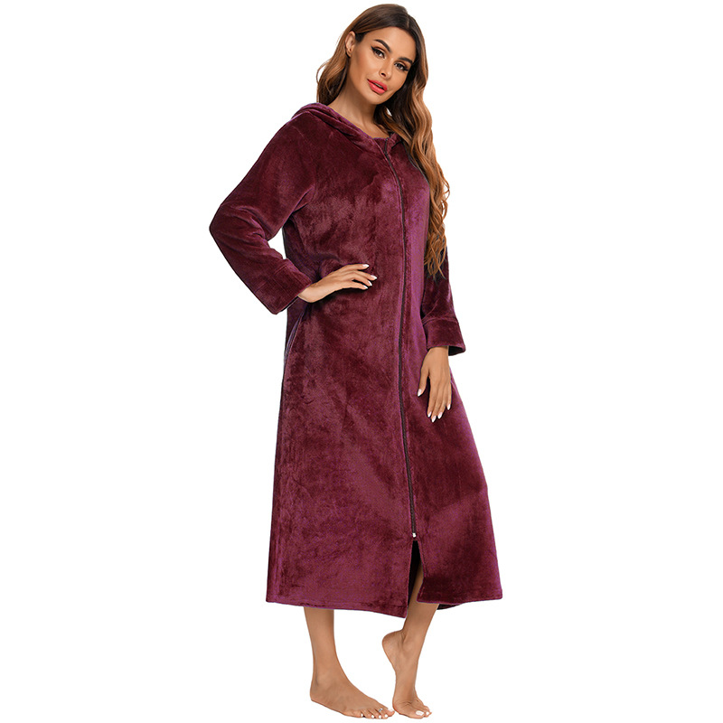 Flannel Pajamas New Long-Sleeved Zipper Nightgown Home Clothes