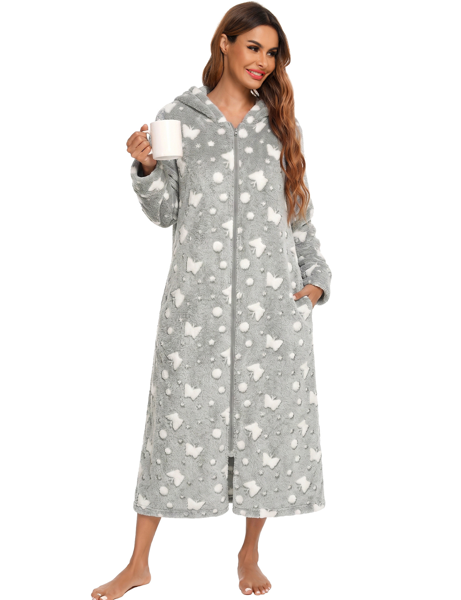 Flannel Pajamas New Long-Sleeved Zipper Nightgown Home Clothes