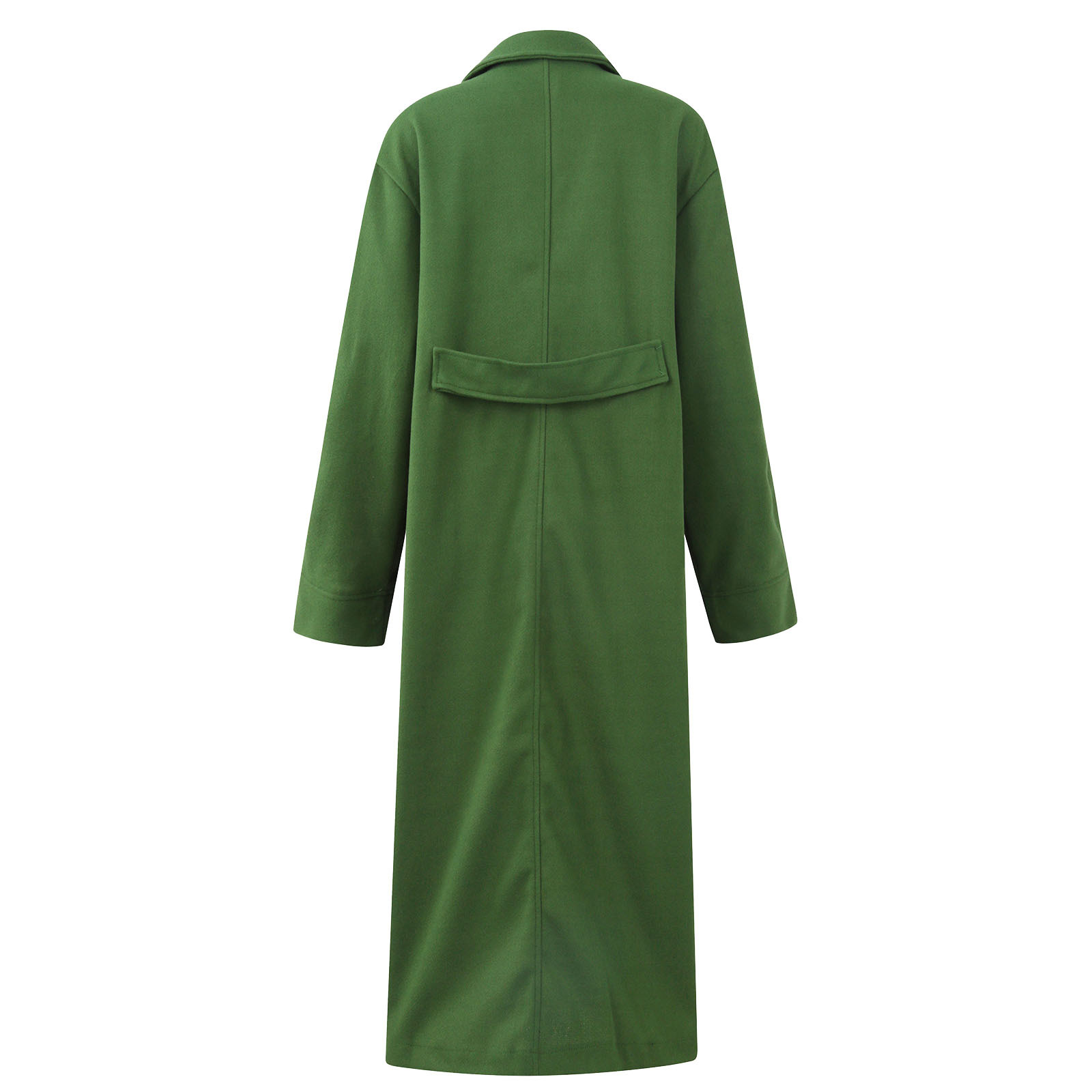 European and American Long Woolen Coat for Autumn and Winter Solid Color Elegant Commuter Wool Green Coat with Belt-Free Lapel