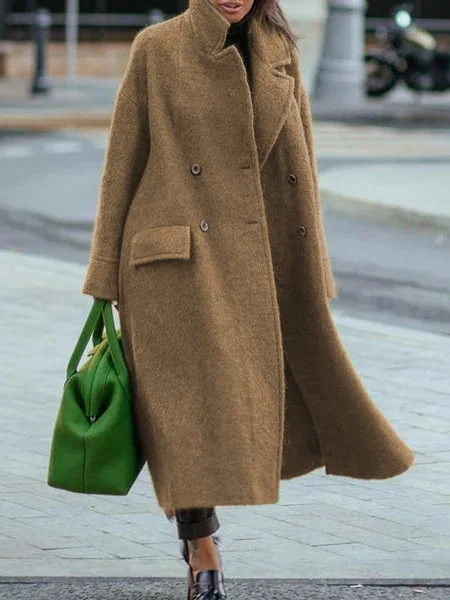 European and American Long Woolen Coat for Autumn and Winter Solid Color Elegant Commuter Wool Green Coat with Belt-Free Lapel