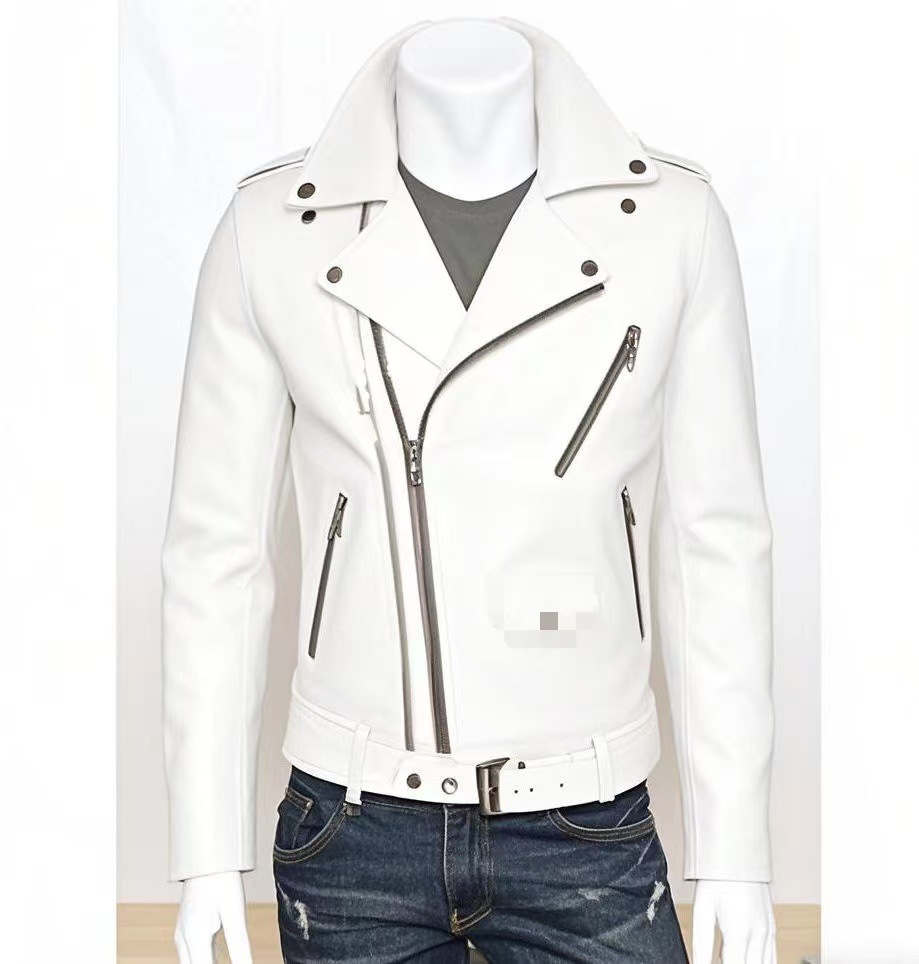 Men's leather jacket with water-washed finish, motorcycle-style men's leather jacket