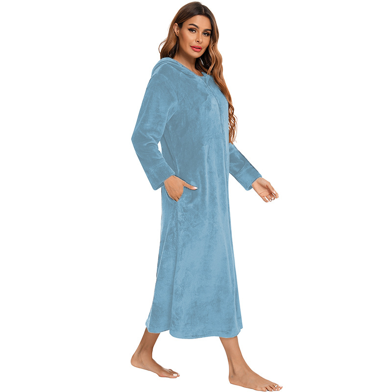 Flannel Pajamas New Long-Sleeved Zipper Nightgown Home Clothes