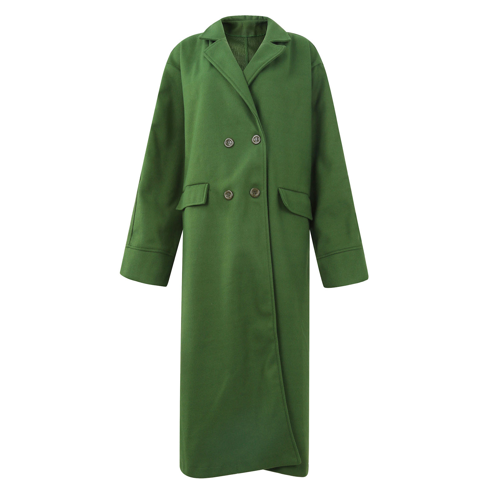 European and American Long Woolen Coat for Autumn and Winter Solid Color Elegant Commuter Wool Green Coat with Belt-Free Lapel
