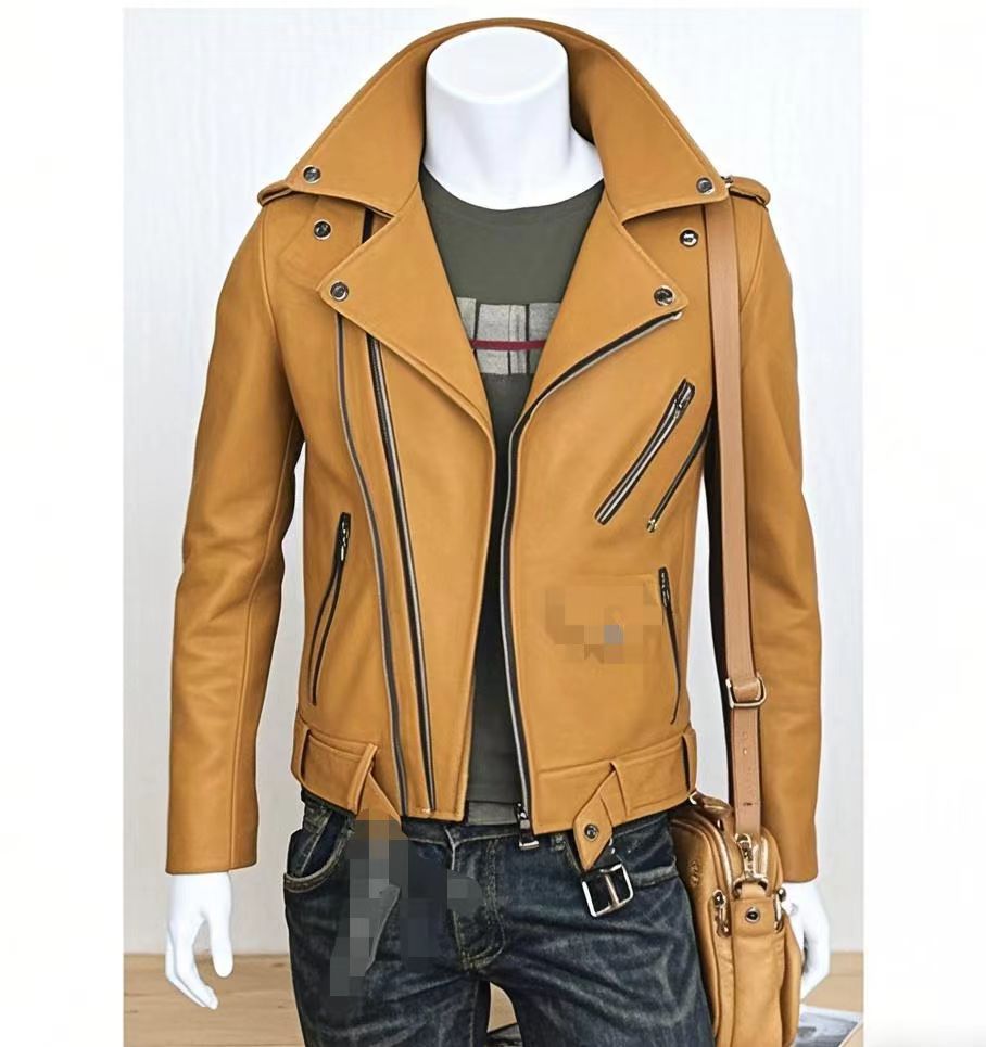 Men's leather jacket with water-washed finish, motorcycle-style men's leather jacket