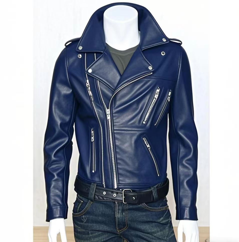 Men's leather jacket with water-washed finish, motorcycle-style men's leather jacket
