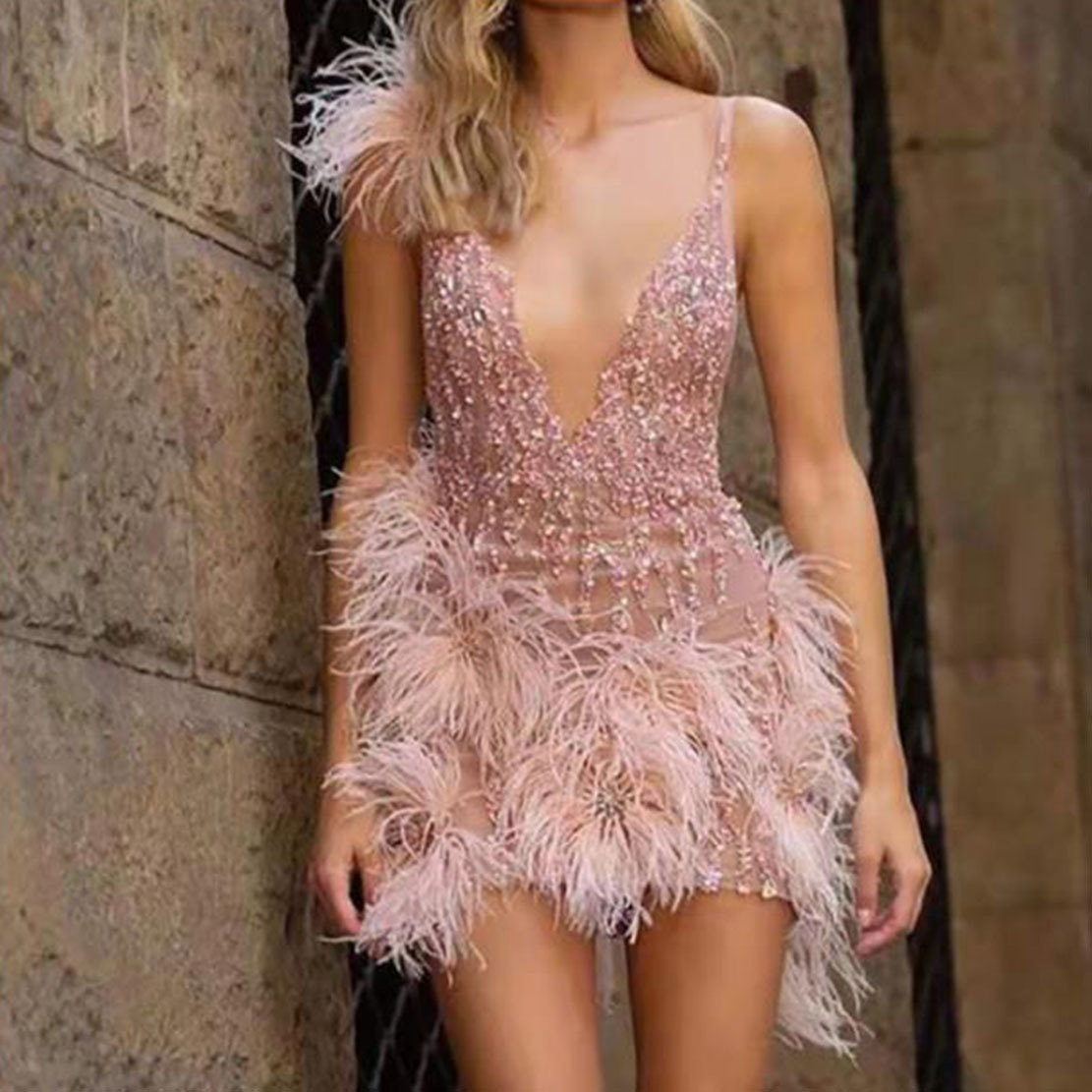 2025 European and American Clothing Wish Export Supply Feather Suspender Skirt Deep V Neck Sexy Nightclub Party Dress