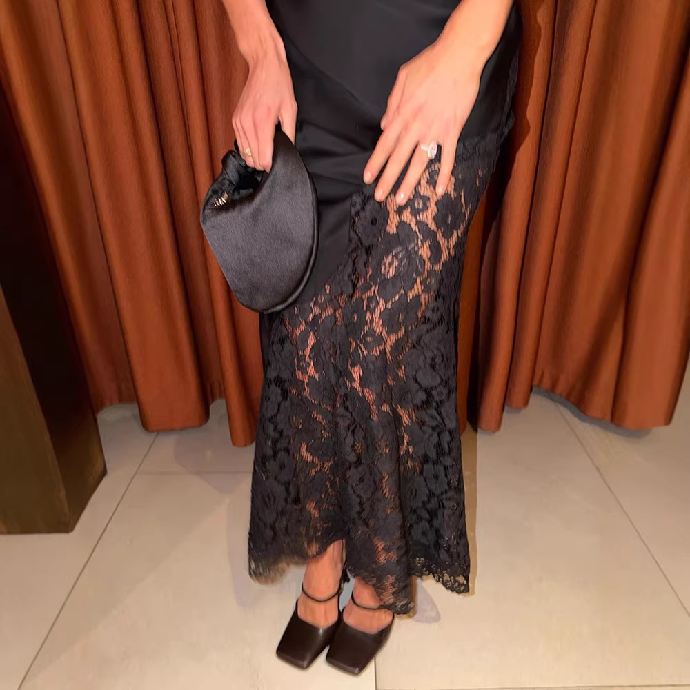 French-Style Elegant Lace Patchwork V-Neck Backless Tie-Up Evening Dress
