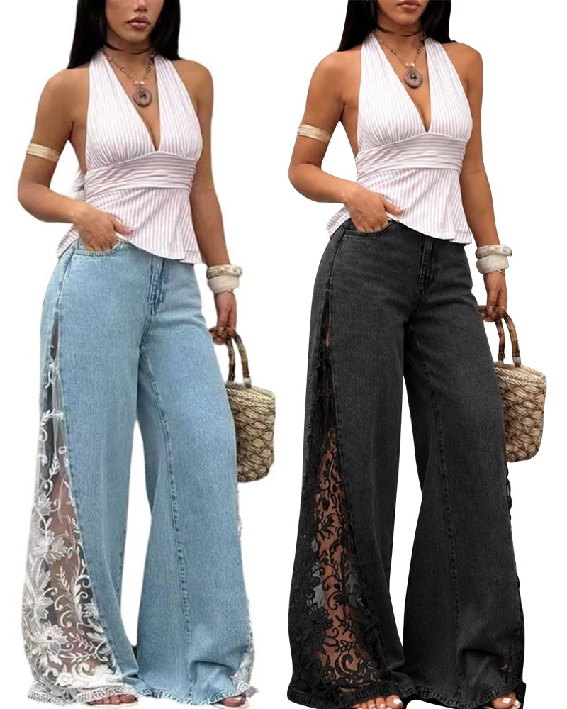Women Colorblock Lace Spliced Wide Leg Denim Jeans