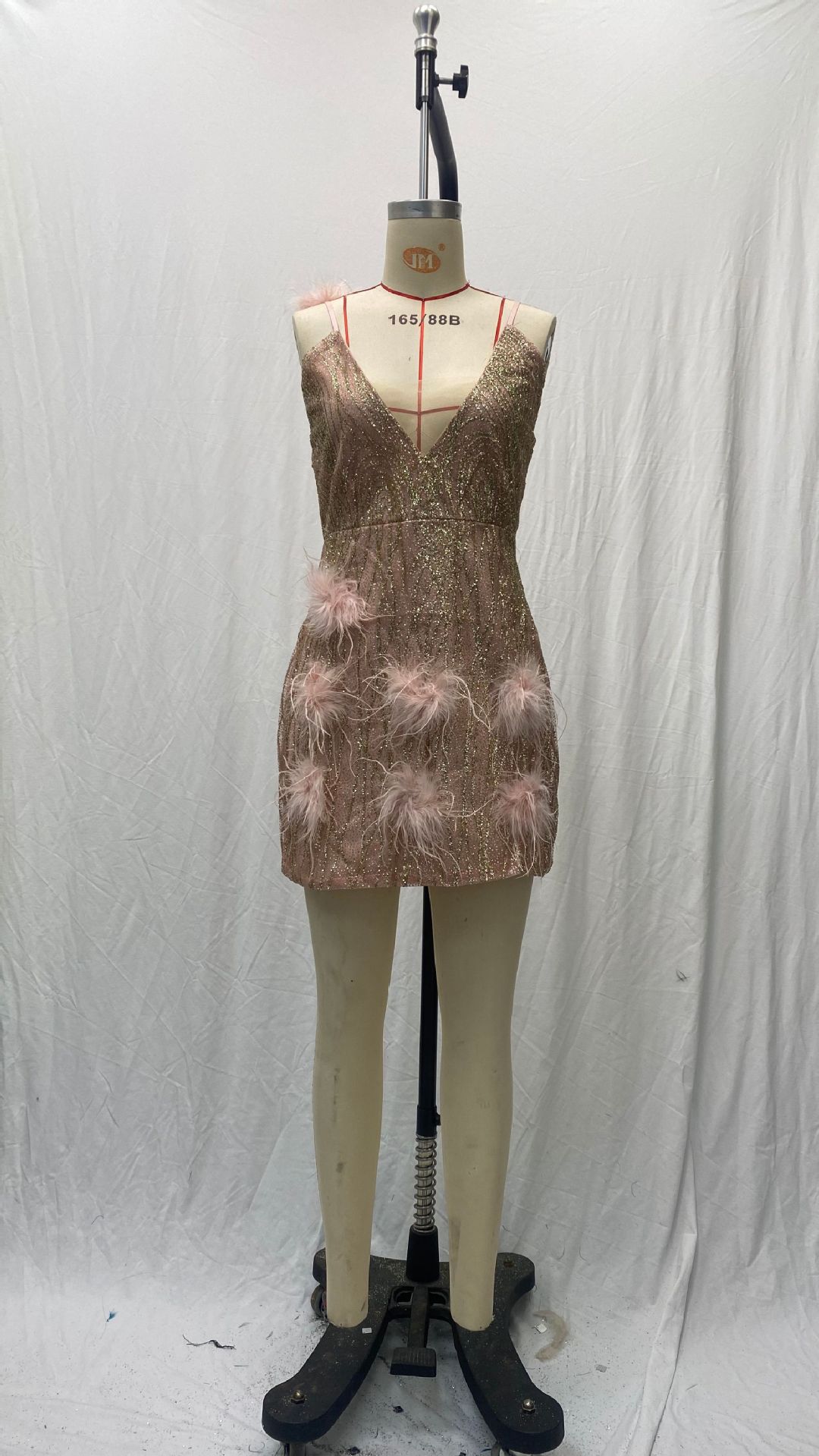 2025 European and American Clothing Wish Export Supply Feather Suspender Skirt Deep V Neck Sexy Nightclub Party Dress