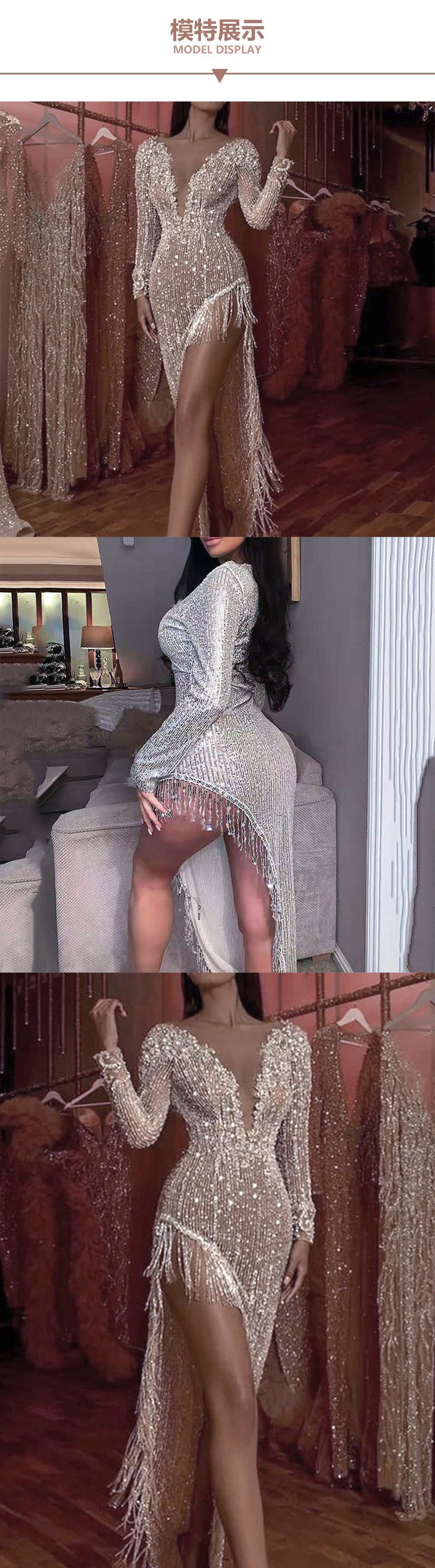 2025 Amazon Dress Tassel Sequin Waist Deep V Long Sleeve Side Slit Sexy Asymmetric Dress Women