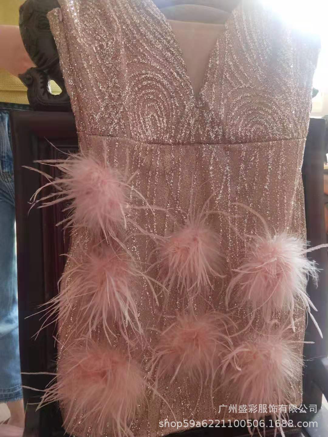 2025 European and American Clothing Wish Export Supply Feather Suspender Skirt Deep V Neck Sexy Nightclub Party Dress