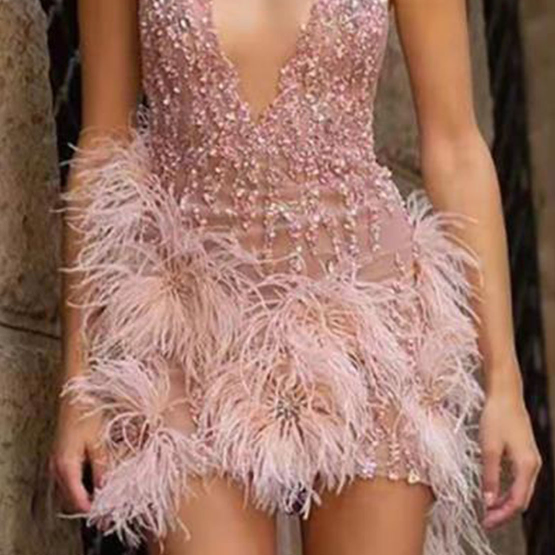 2025 European and American Clothing Wish Export Supply Feather Suspender Skirt Deep V Neck Sexy Nightclub Party Dress
