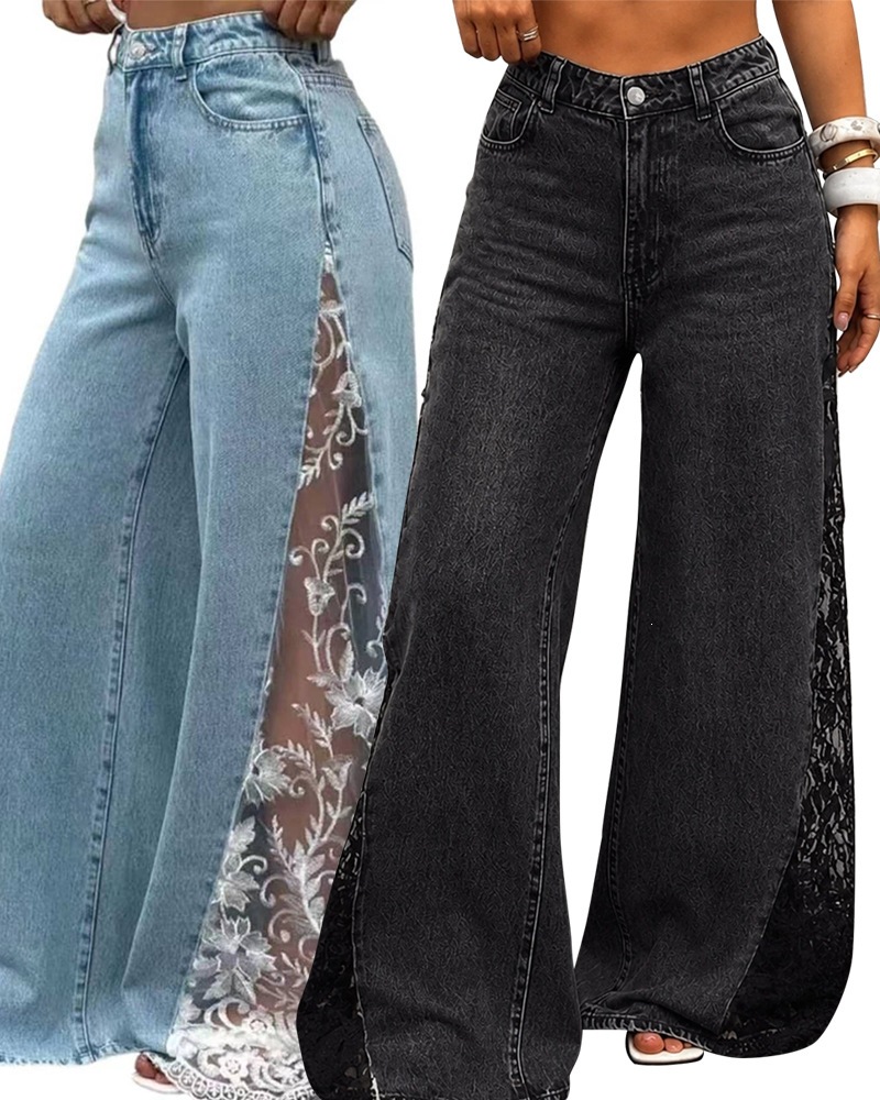 Women Colorblock Lace Spliced Wide Leg Denim Jeans