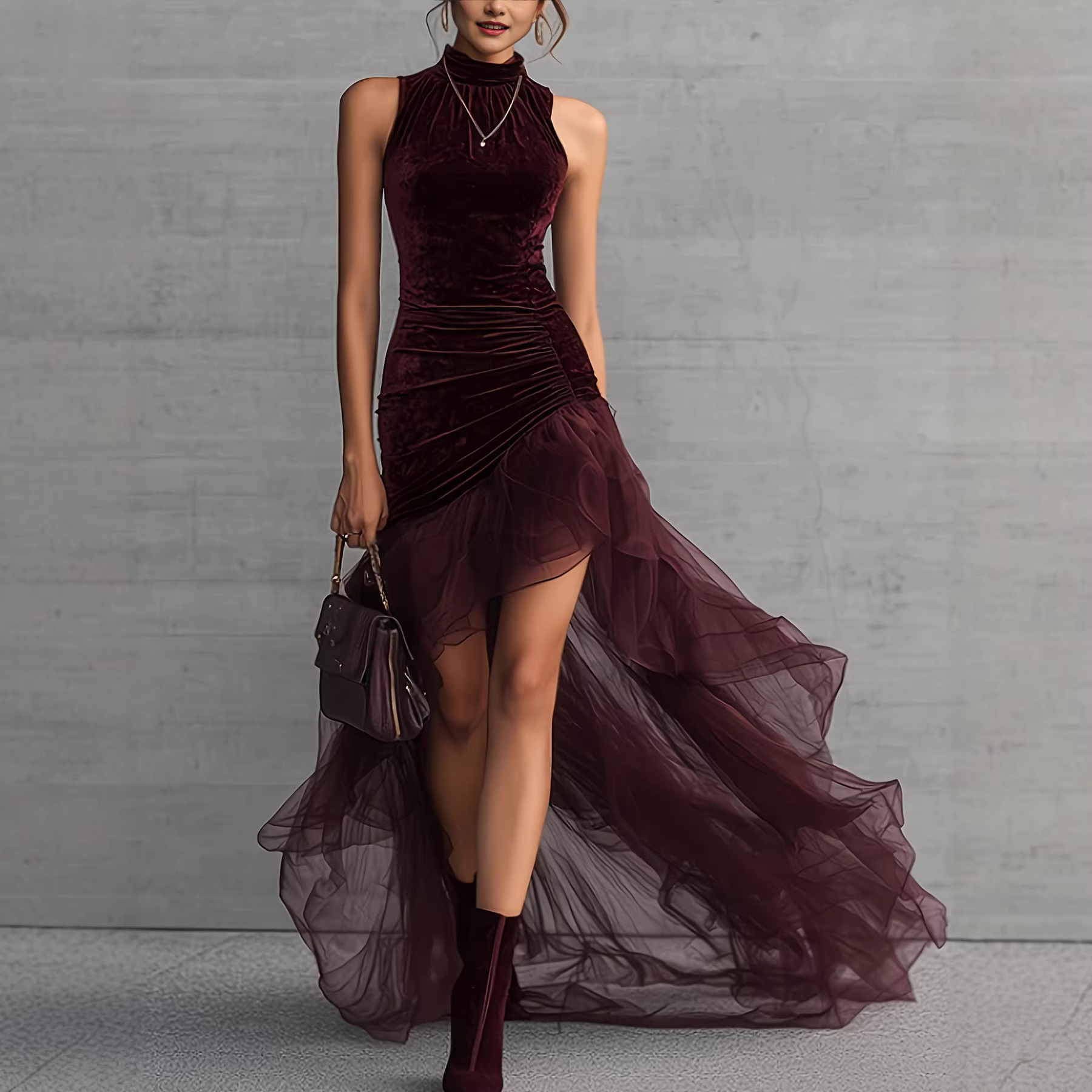 Women's Velvet High-Neck Sleeveless Evening Dress with Pleated Tulle Train
