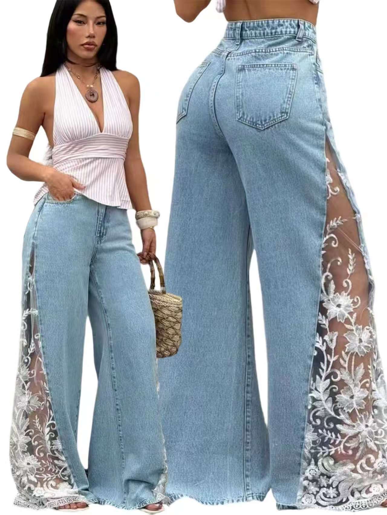 Women Colorblock Lace Spliced Wide Leg Denim Jeans