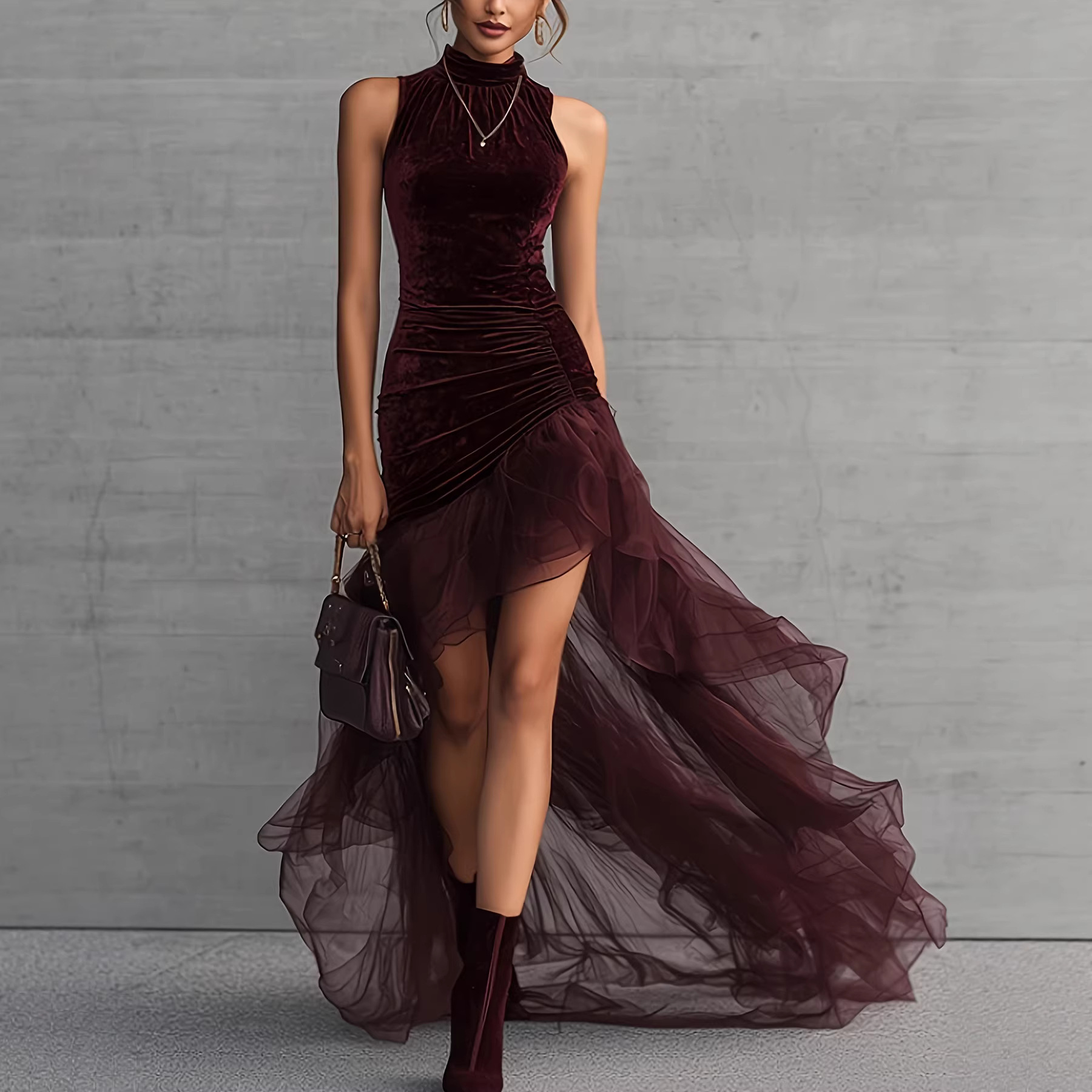 Women's Velvet High-Neck Sleeveless Evening Dress with Pleated Tulle Train