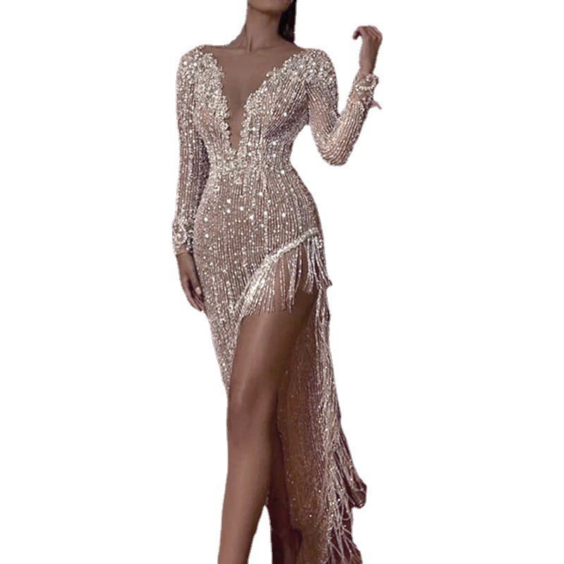 2025 Amazon Dress Tassel Sequin Waist Deep V Long Sleeve Side Slit Sexy Asymmetric Dress Women