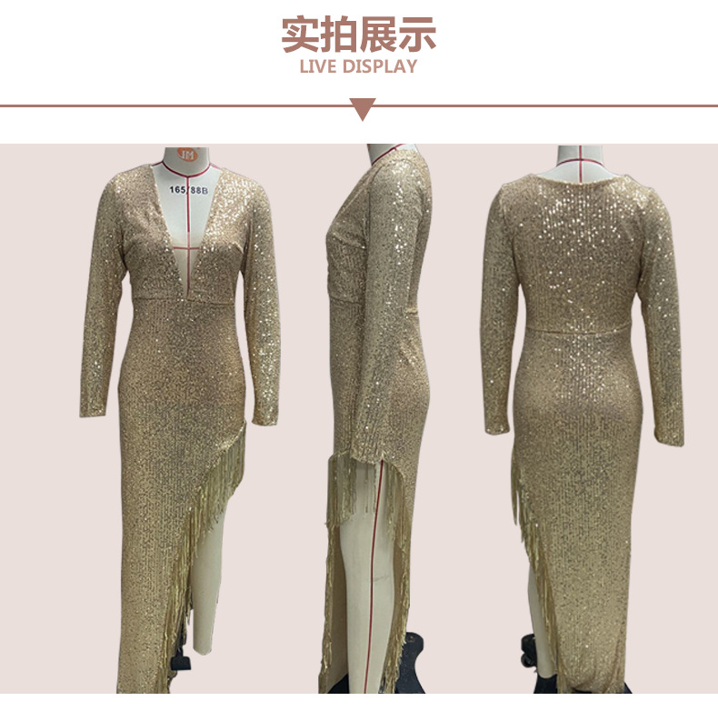 2025 Amazon Dress Tassel Sequin Waist Deep V Long Sleeve Side Slit Sexy Asymmetric Dress Women