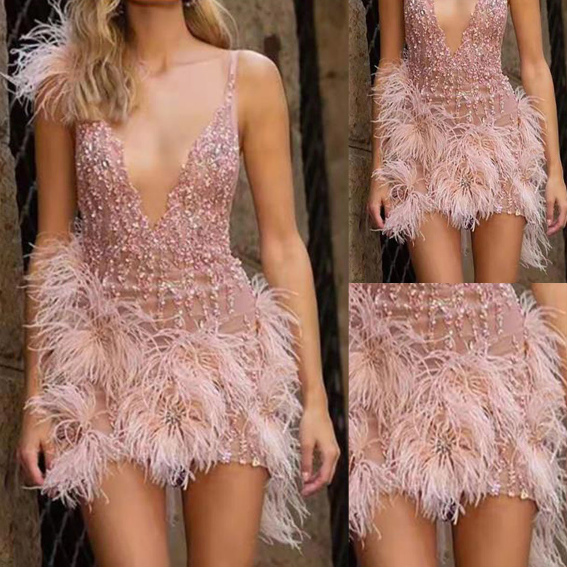 2025 European and American Clothing Wish Export Supply Feather Suspender Skirt Deep V Neck Sexy Nightclub Party Dress