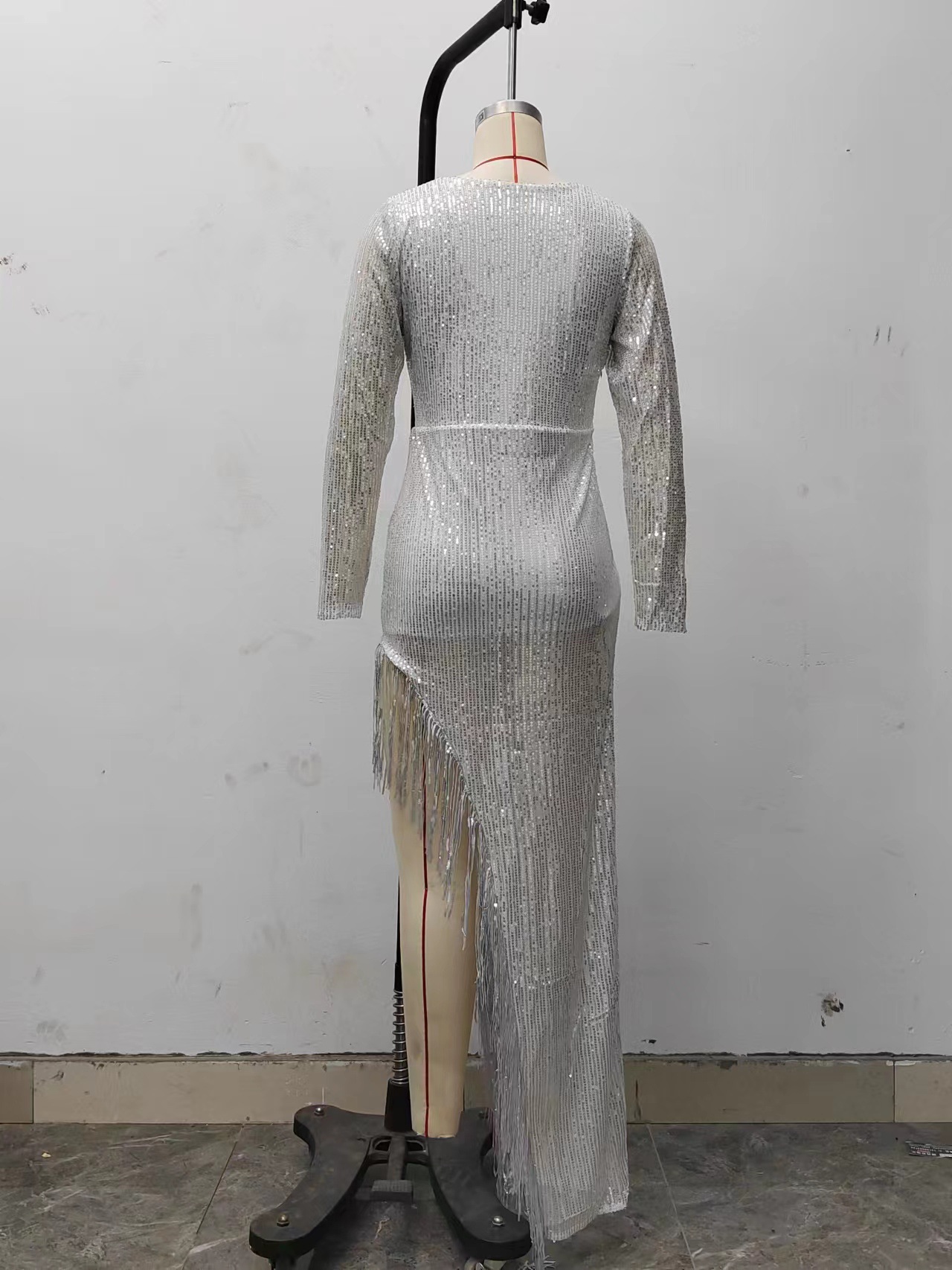 2025 Amazon Dress Tassel Sequin Waist Deep V Long Sleeve Side Slit Sexy Asymmetric Dress Women