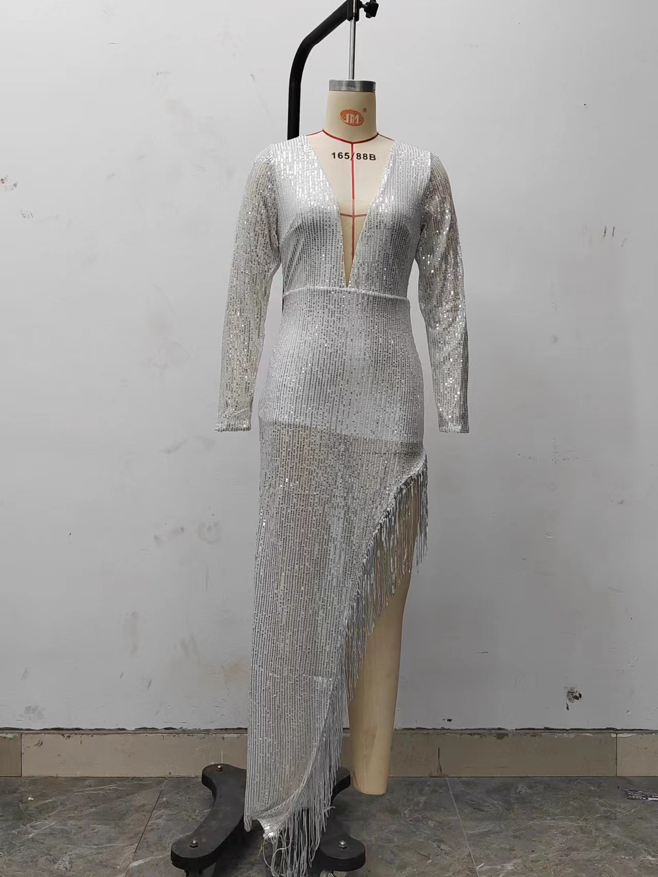 2025 Amazon Dress Tassel Sequin Waist Deep V Long Sleeve Side Slit Sexy Asymmetric Dress Women