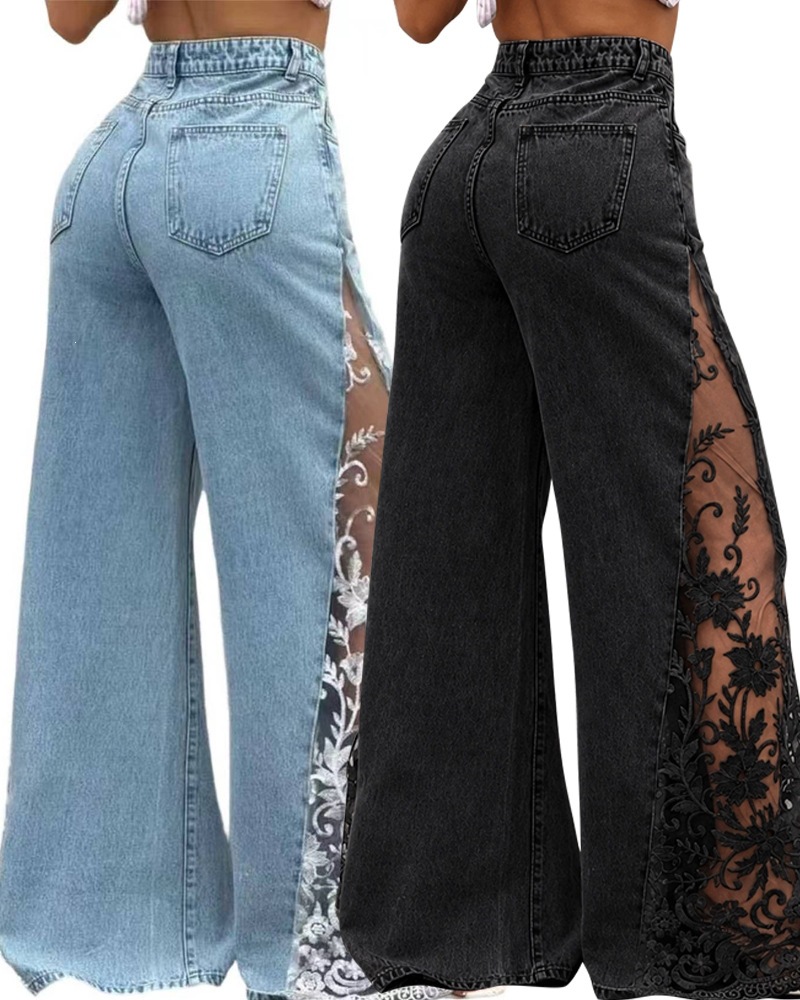 Women Colorblock Lace Spliced Wide Leg Denim Jeans
