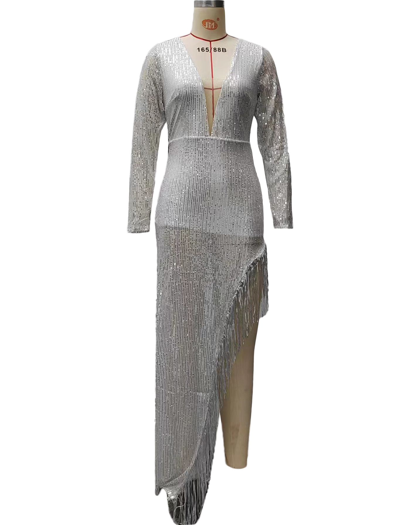 2025 Amazon Dress Tassel Sequin Waist Deep V Long Sleeve Side Slit Sexy Asymmetric Dress Women