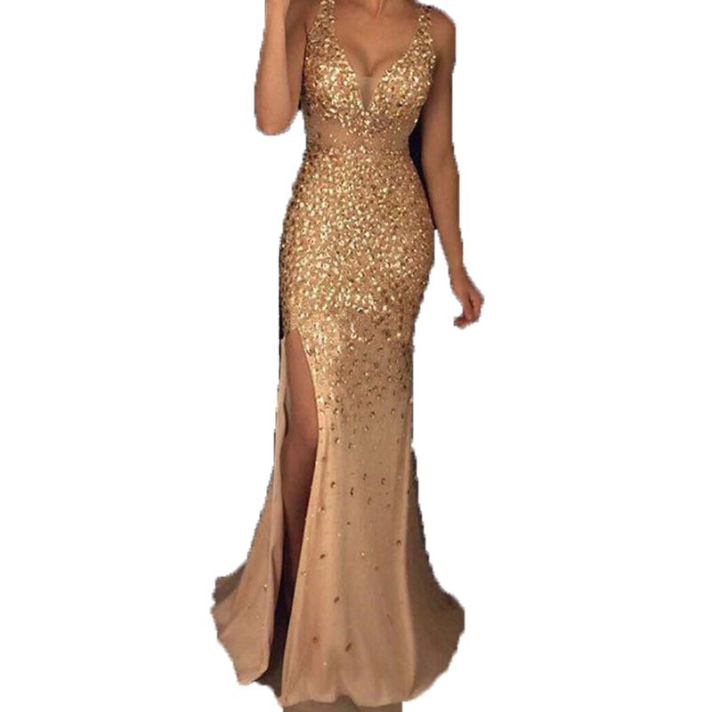 2027 New European and American Cross-Border Women's Clothing Amazon Long Dress with Straps, V-Neck, Slit, and Gold Embellishments