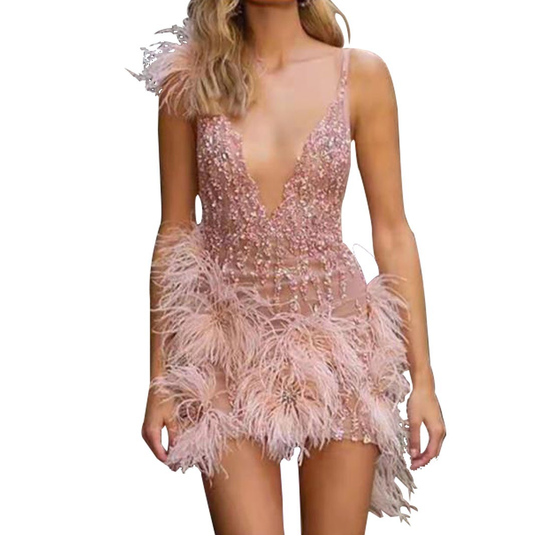 2025 European and American Clothing Wish Export Supply Feather Suspender Skirt Deep V Neck Sexy Nightclub Party Dress