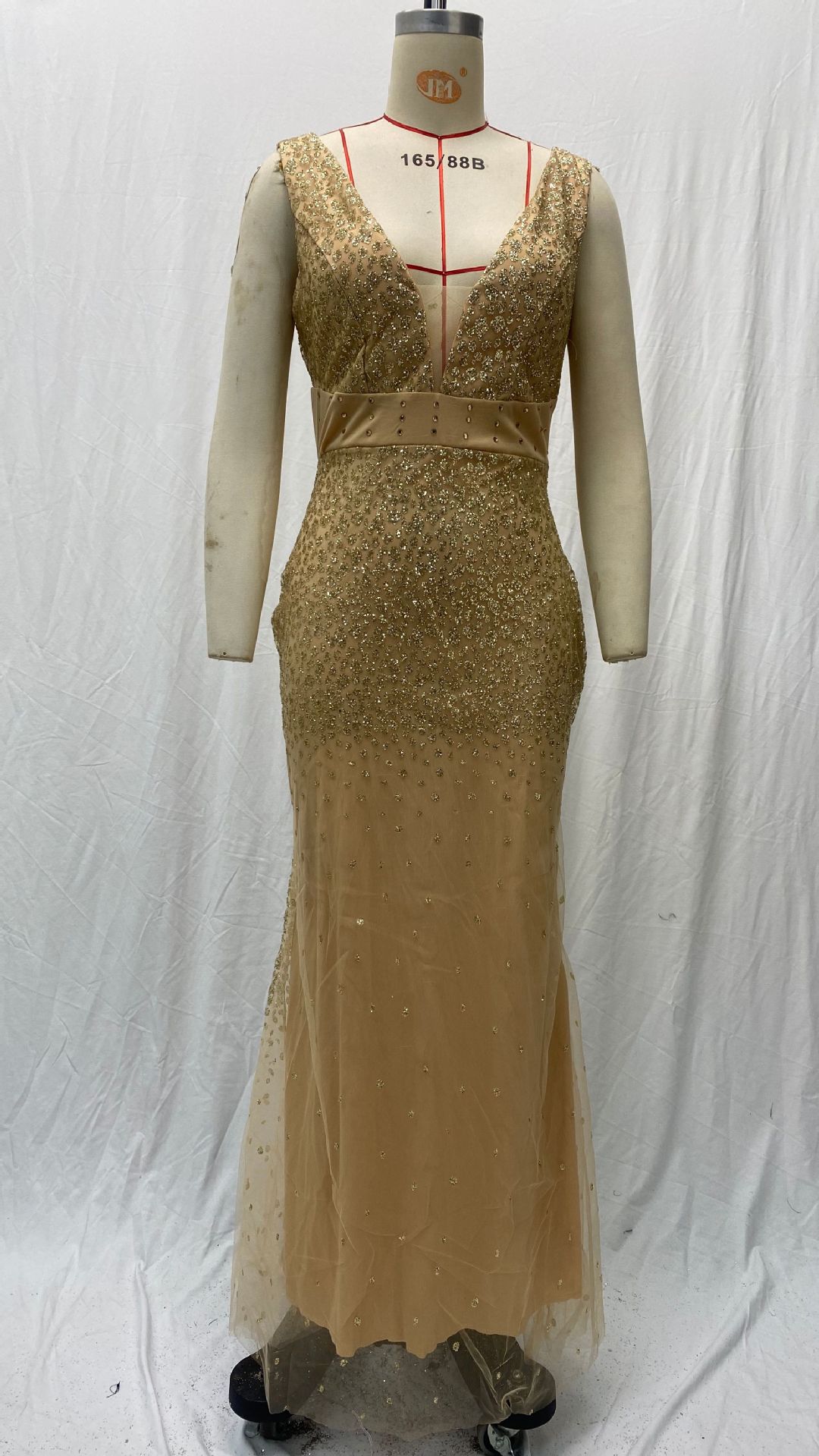 2027 New European and American Cross-Border Women's Clothing Amazon Long Dress with Straps, V-Neck, Slit, and Gold Embellishments