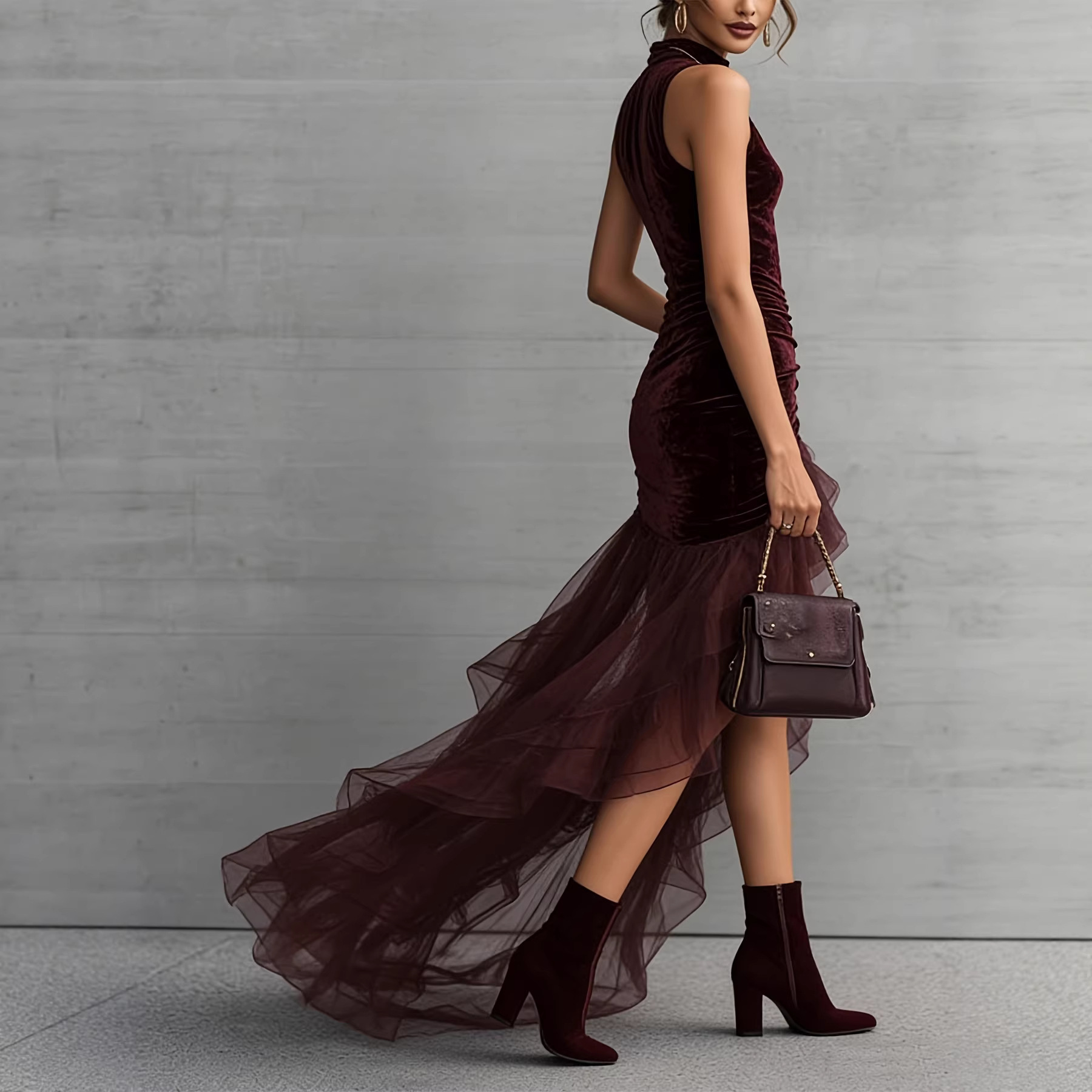 Women's Velvet High-Neck Sleeveless Evening Dress with Pleated Tulle Train