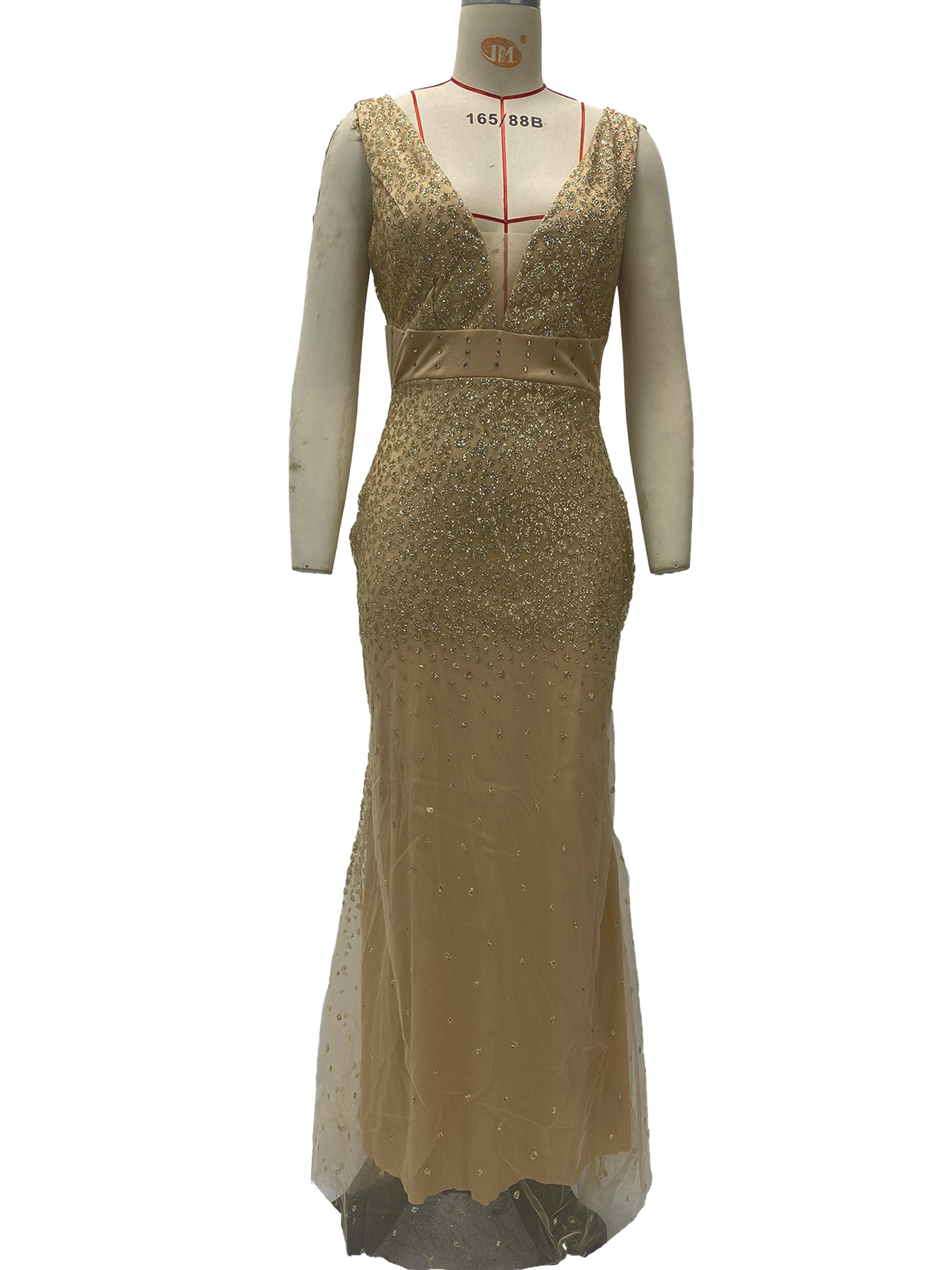 2027 New European and American Cross-Border Women's Clothing Amazon Long Dress with Straps, V-Neck, Slit, and Gold Embellishments