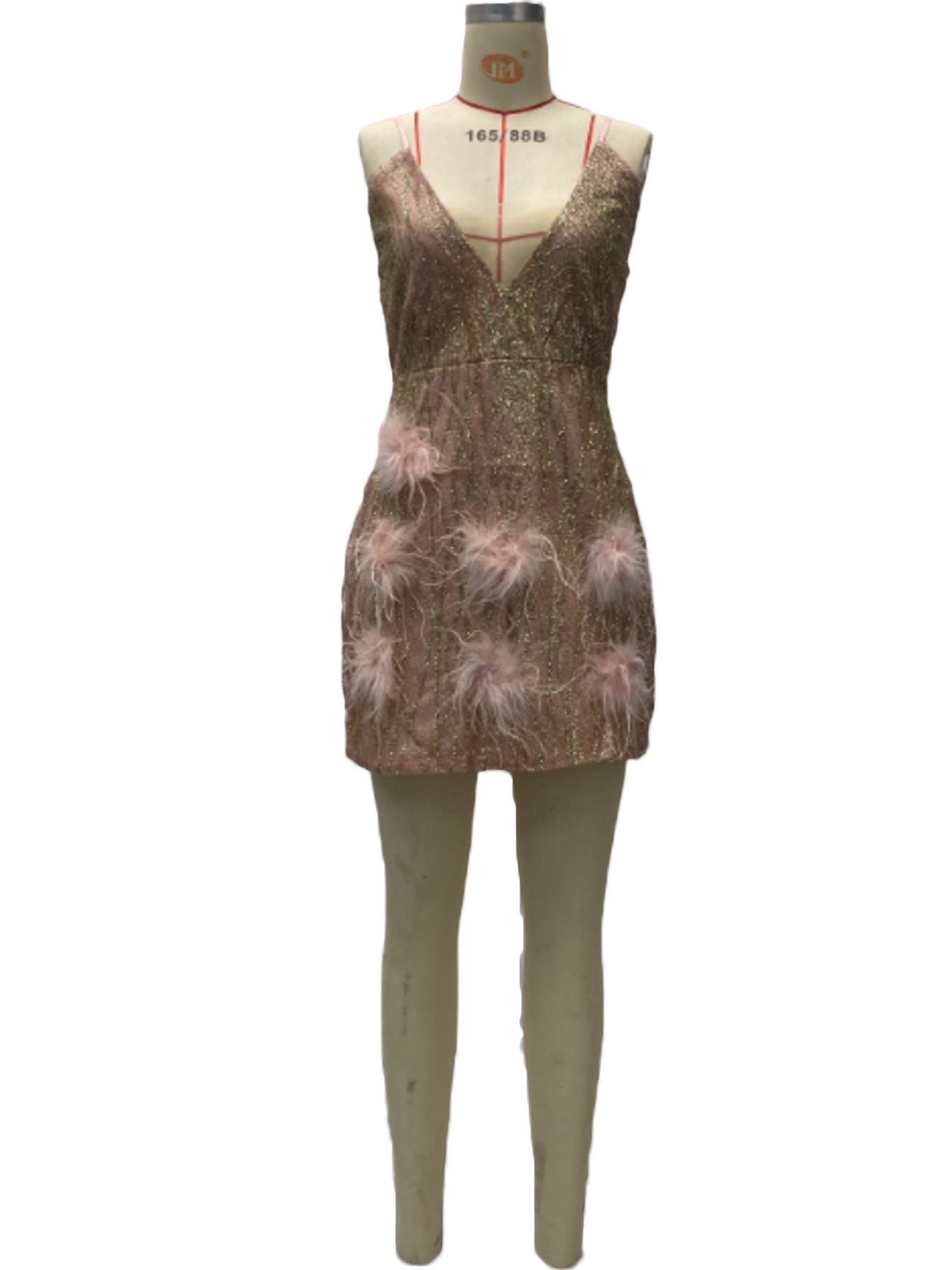 2025 European and American Clothing Wish Export Supply Feather Suspender Skirt Deep V Neck Sexy Nightclub Party Dress