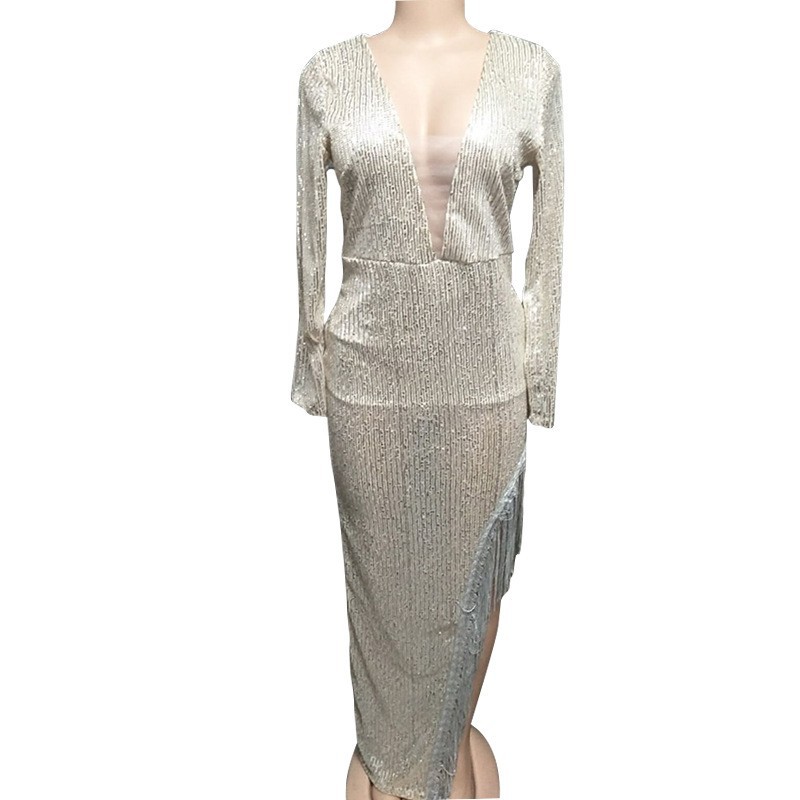 2025 Amazon Dress Tassel Sequin Waist Deep V Long Sleeve Side Slit Sexy Asymmetric Dress Women
