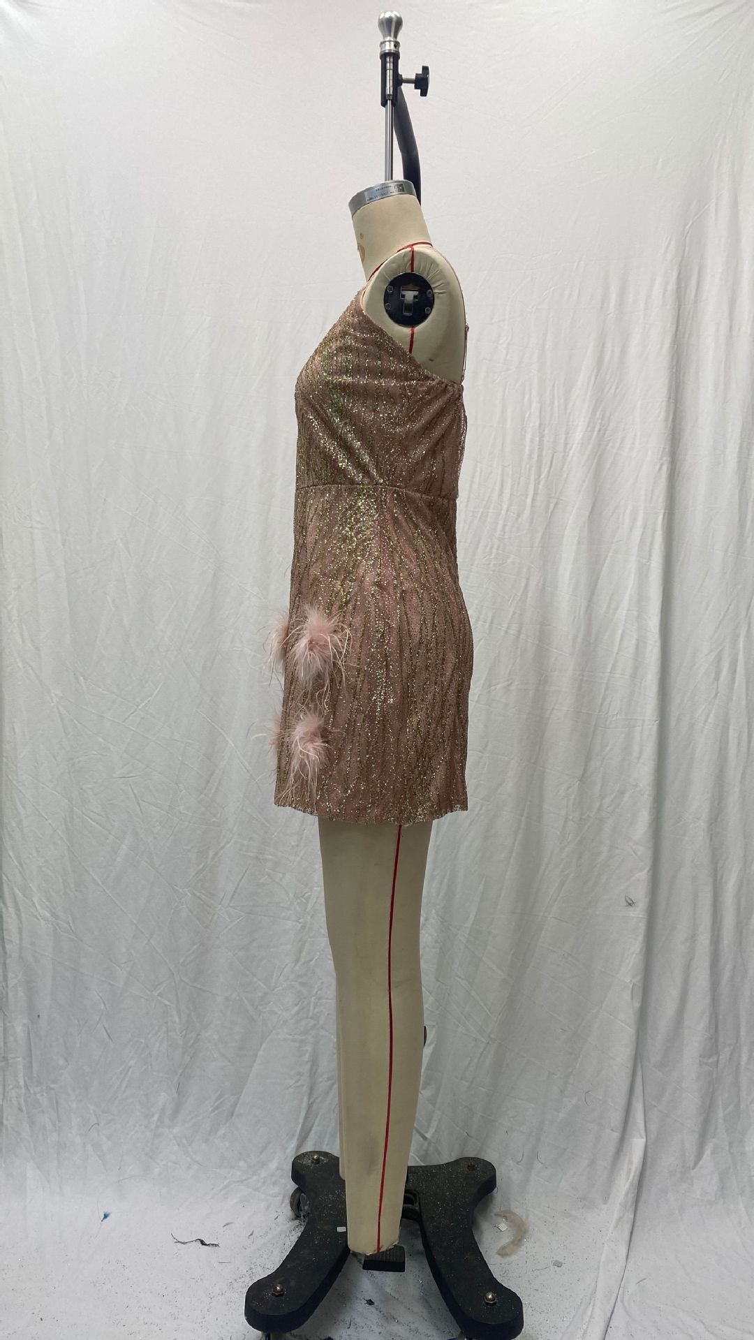 2025 European and American Clothing Wish Export Supply Feather Suspender Skirt Deep V Neck Sexy Nightclub Party Dress