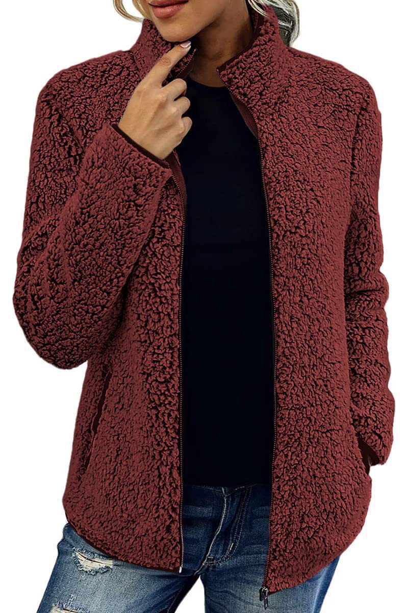 Women's Stand Collar Solid Color Zip-Up Bubble Fleece Jacket