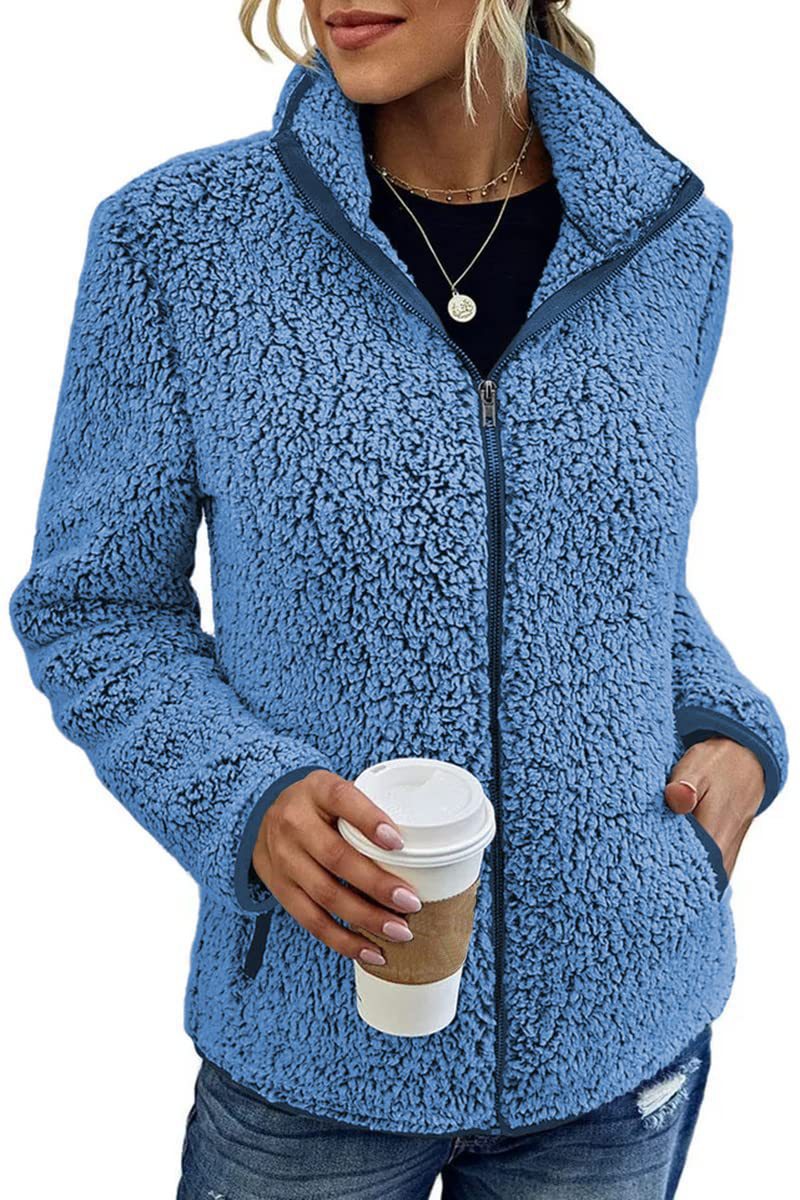 Women's Stand Collar Solid Color Zip-Up Bubble Fleece Jacket