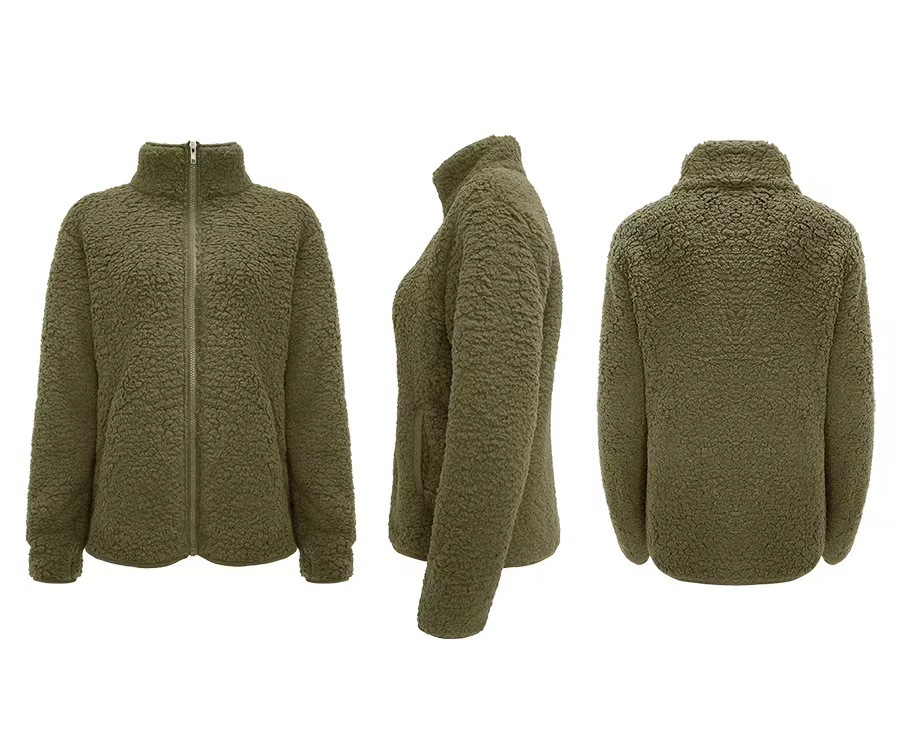 Women's Stand Collar Solid Color Zip-Up Bubble Fleece Jacket