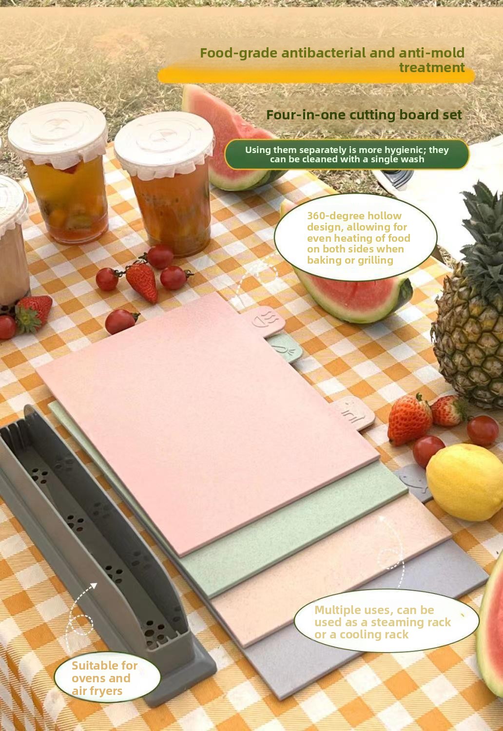 Baby Food Grade PP Cutting Board Set with Storage Rack Kitchen Classified Mildew-Proof Chopping Board