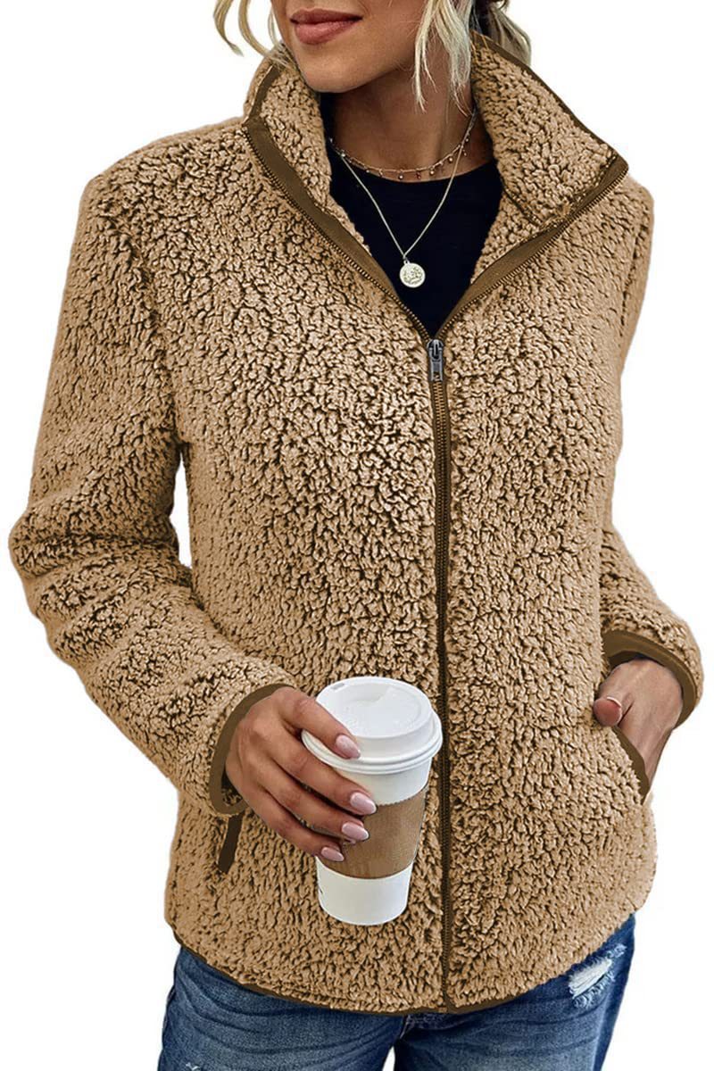 Women's Stand Collar Solid Color Zip-Up Bubble Fleece Jacket