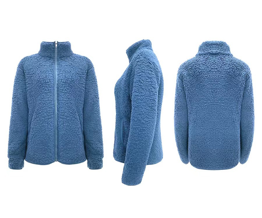 Women's Stand Collar Solid Color Zip-Up Bubble Fleece Jacket