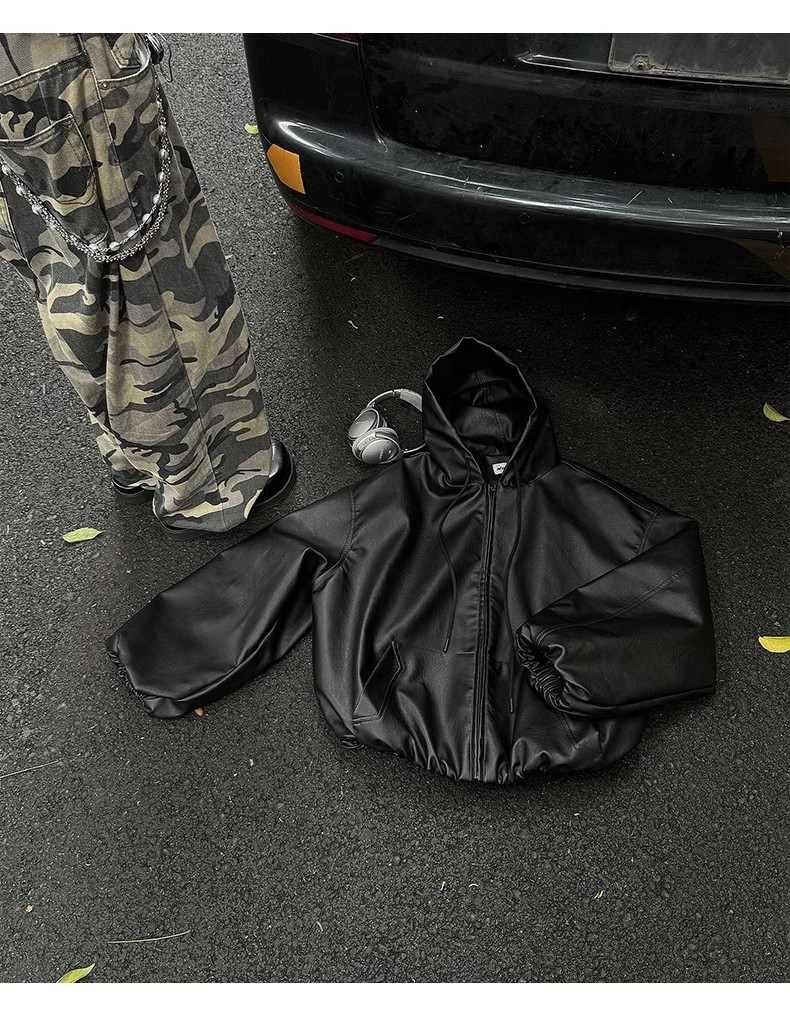 Leather Coat Vintage Hooded Jacket Baseball Suit