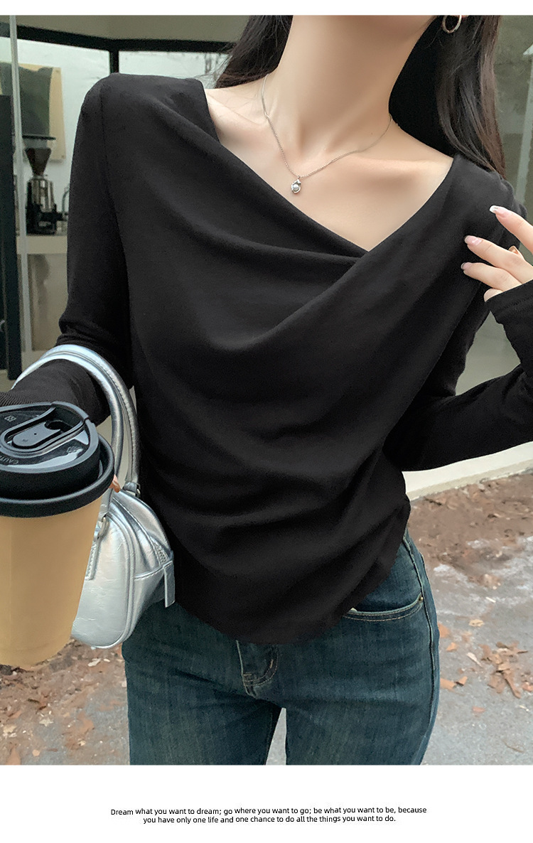 Pure Desire One-Shoulder Collar Long-Sleeved Knit Tight Inner Base Top