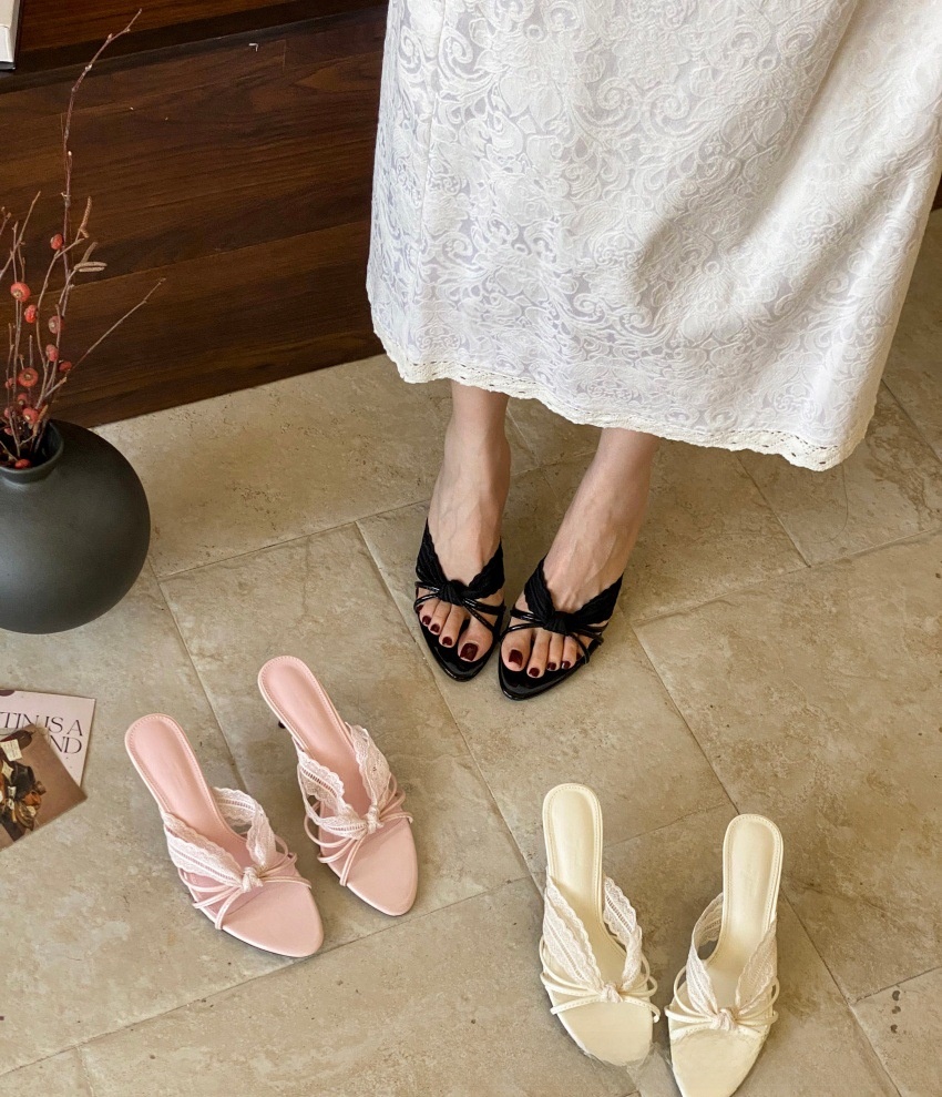 Women's Lace Bow Thin Heel PU Sandals Summer Pointed Toe Outdoor Slides