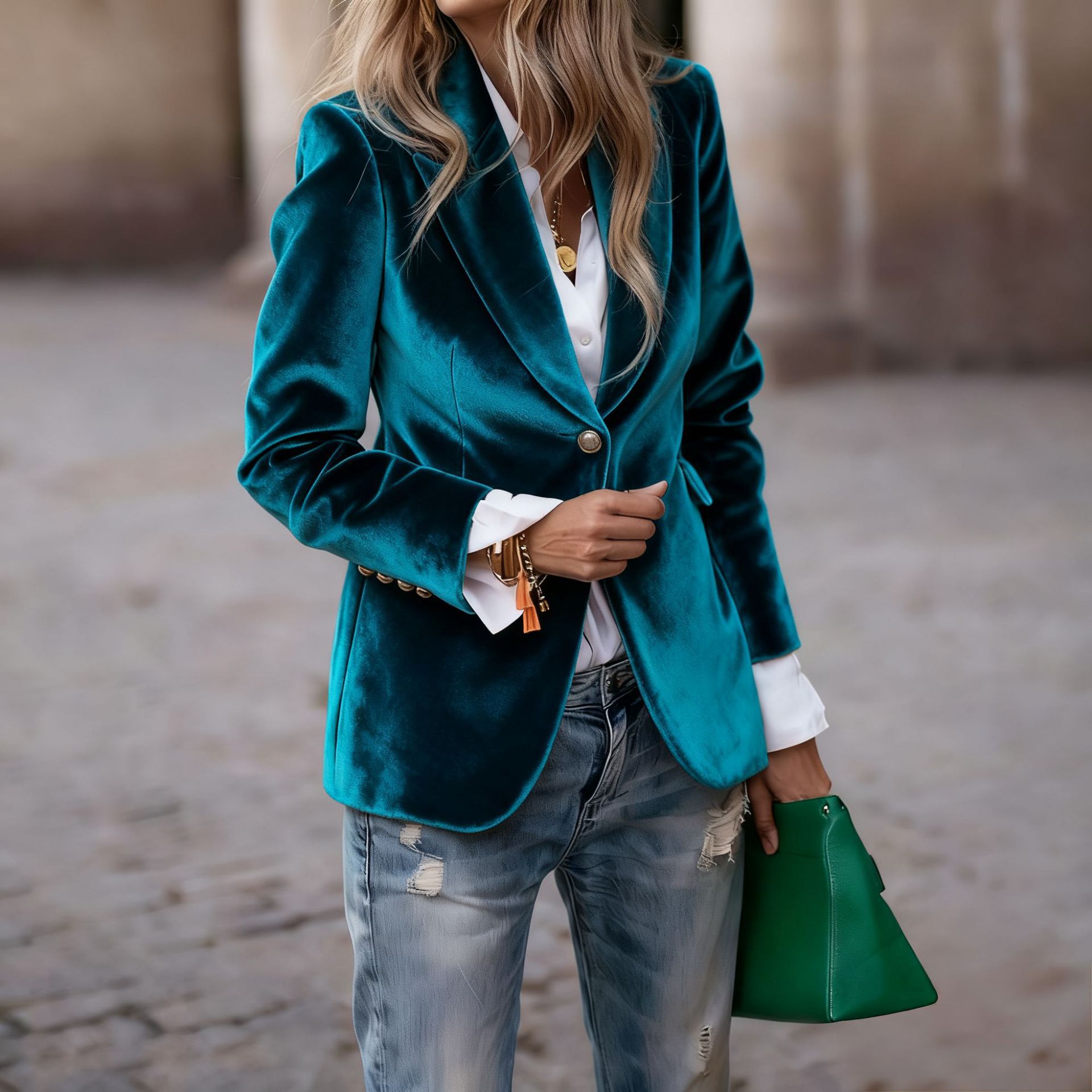 Women's Velvet Slim-Fit Double-Breasted Blazer Long Sleeve Elegant Jacket